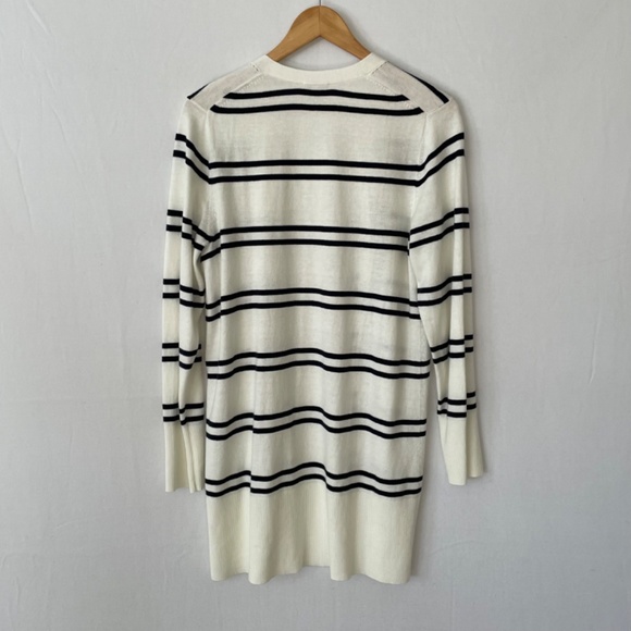 TALBOTS Size Medium Long Line Open Front Cardigan Ecru Blue Double Stripes - Picture 2 of 6